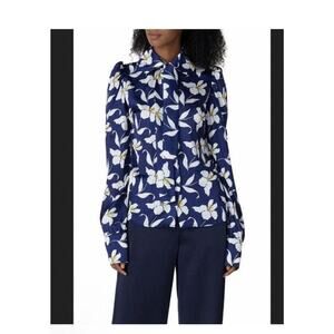 Giovanna Nikolai Blouse Women's Size 42 Medium Long Sleeve Floral Necktie Blue